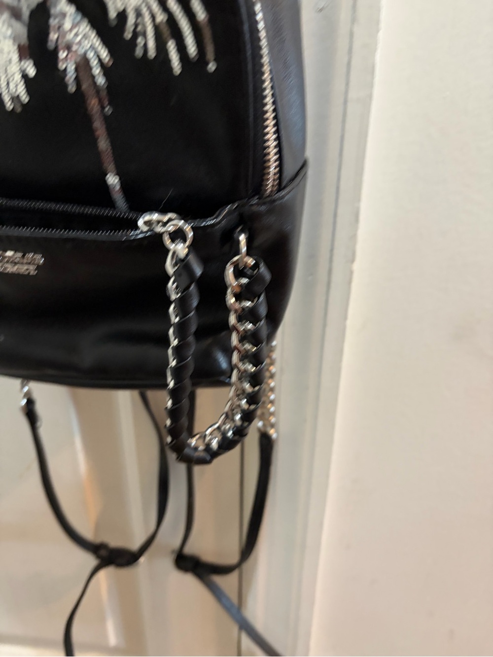Victoria's Secret Black Mini Backpack with Silver Chain and Palm Accent - Picture 10 of 16